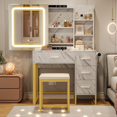Ensemble de coiffeuse à motif de marbre blanc avec grand miroir lumineux à DEL, prise de courant intégrée, 4 tiroirs et tabouret rembourré à pieds en métal, coiffeuse moderne pour chambre à coucher