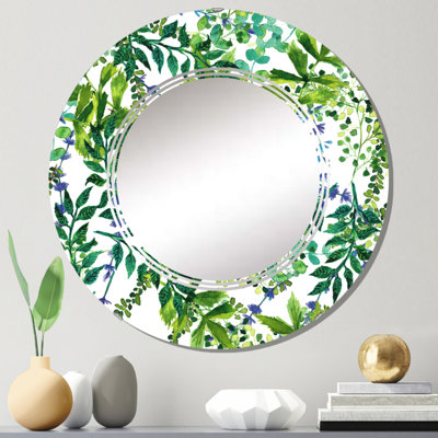 Green Herbs And Leaves On White - Miroir mural à motif rond