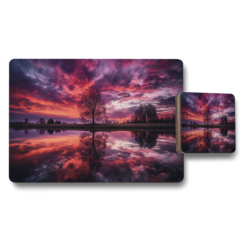 Sunset Landscape Placemat And Coaster Set With Reflective Water Scene