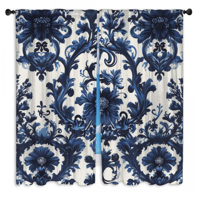 Rideaux de fenêtre damassés bleus à motif floral transparent et obscurcissant - 2 panneaux