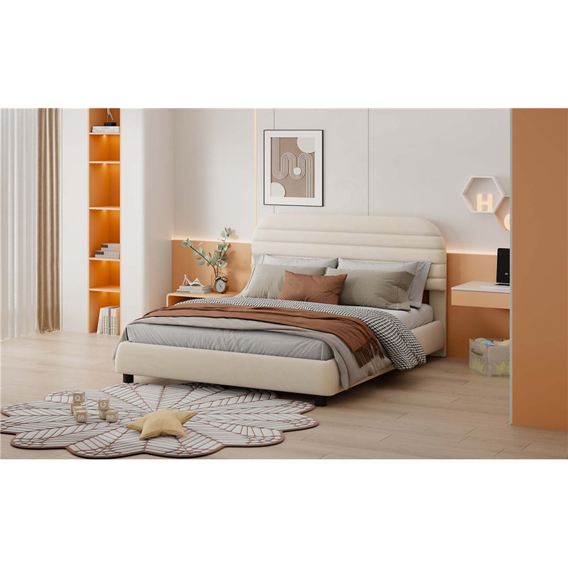 Grand lit plateforme tapissier en velours, structure solide et conception élégante en forme de courbe, Beige