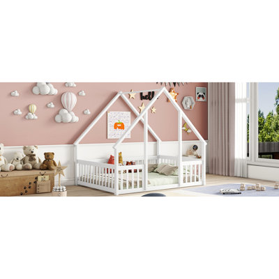 Full Size White Floor Bed With House-Shaped Structure And Guardrail - Made Of Quality Pine For A Comfortable Sleep Frame Guardrails Crafted From Strong Peaceful Rest