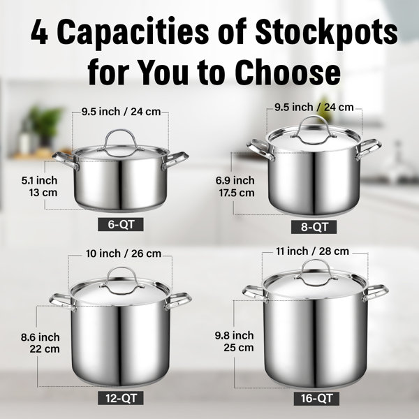 Choice 8-Piece Standard Weight Aluminum Stock Pot Set with 8 Qt., 10 Qt.,  12 Qt., and 16 Qt. Pots and Covers