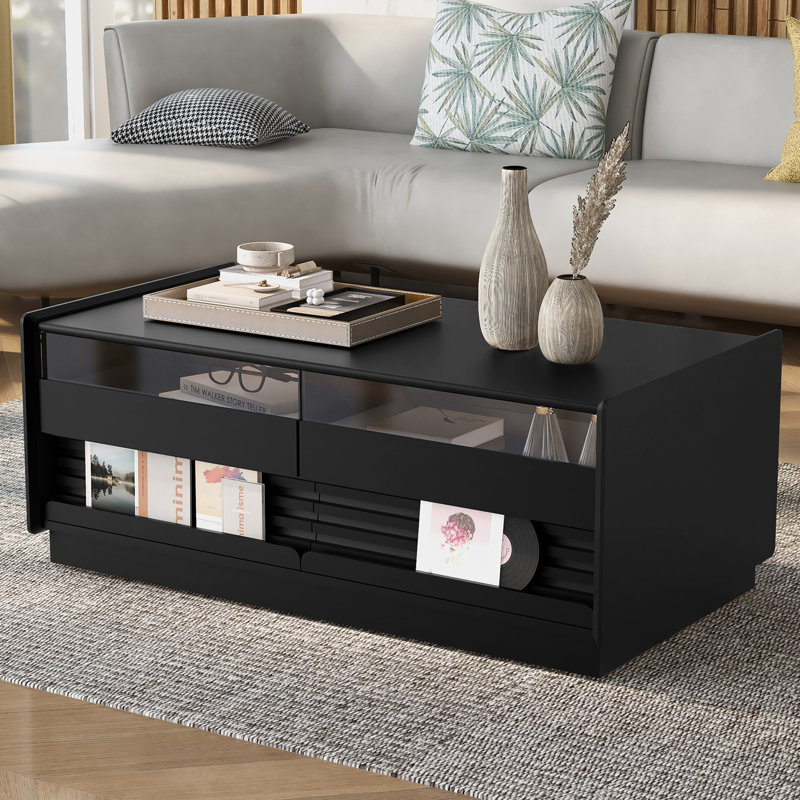 Table basse rectangulaire à 4 tiroirs et 2 tablettes, Noir
