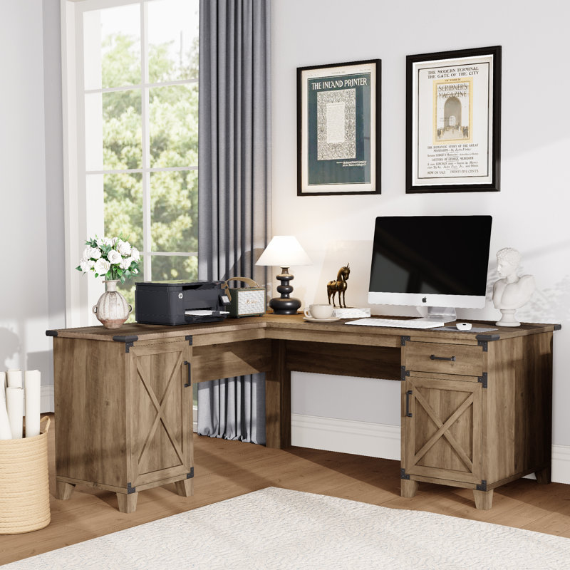 66'' Farmhouse L-Shaped Executive Desk – 1 Drawer & 2 Storage Cabinets, Home Office Desk, Brown