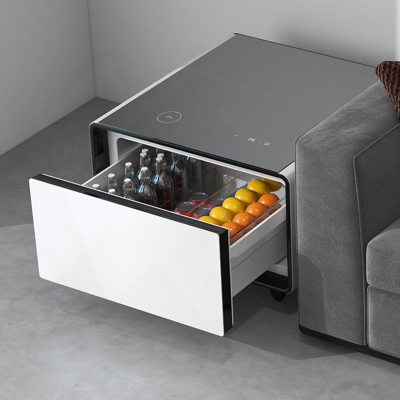 Table d'appoint moderne et intelligente avec réfrigérateur intégré, charge sans fil, contrôle de la température, Noir blanc