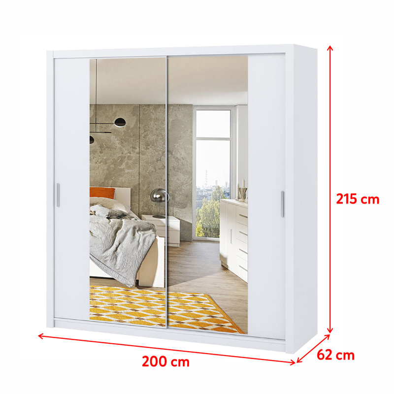 Frazierii 2 Door Manufactured Wood Wardrobe, 215cm H x 200cm W x 62cm D, White
