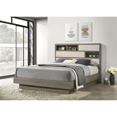 Edmondson Grey Oak Bookcase Headboard Queen Bed
