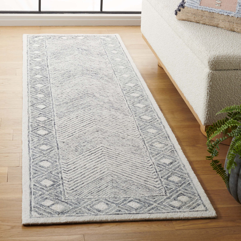 Tapis gris / ivoire en laine / coton touffeté à la main Kestyn, Tapis de couloir 2 pi 3 po x 8 pi