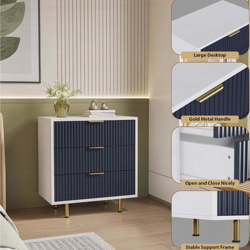 Commode 3 tiroirs cannelée avec dessus large