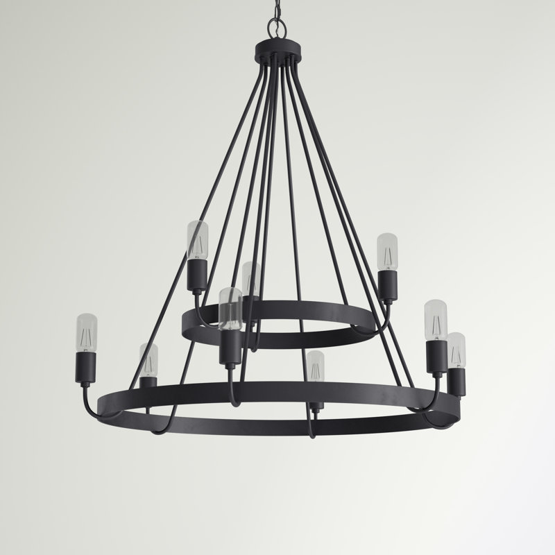 Lustre unique en forme de roue de chariot à 9 lumières Bailey, Noir mat