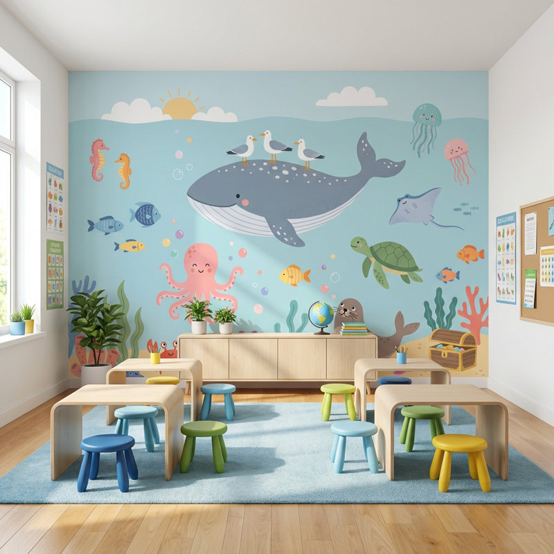 Murale sous-marine, créatures de la mer, décor océan, 200 po x 120 po, Peler et coller