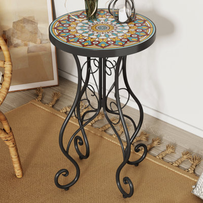 Ceramic Tile Outdoor Side Table With Charming Floral Design And Black Frame Colorful Rust-
