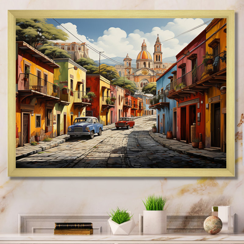 Mexico Mexico Fiesta City III - Art mural Mexique, Cadre doré simple, H 34 po x l 44 po x P 1,5 po