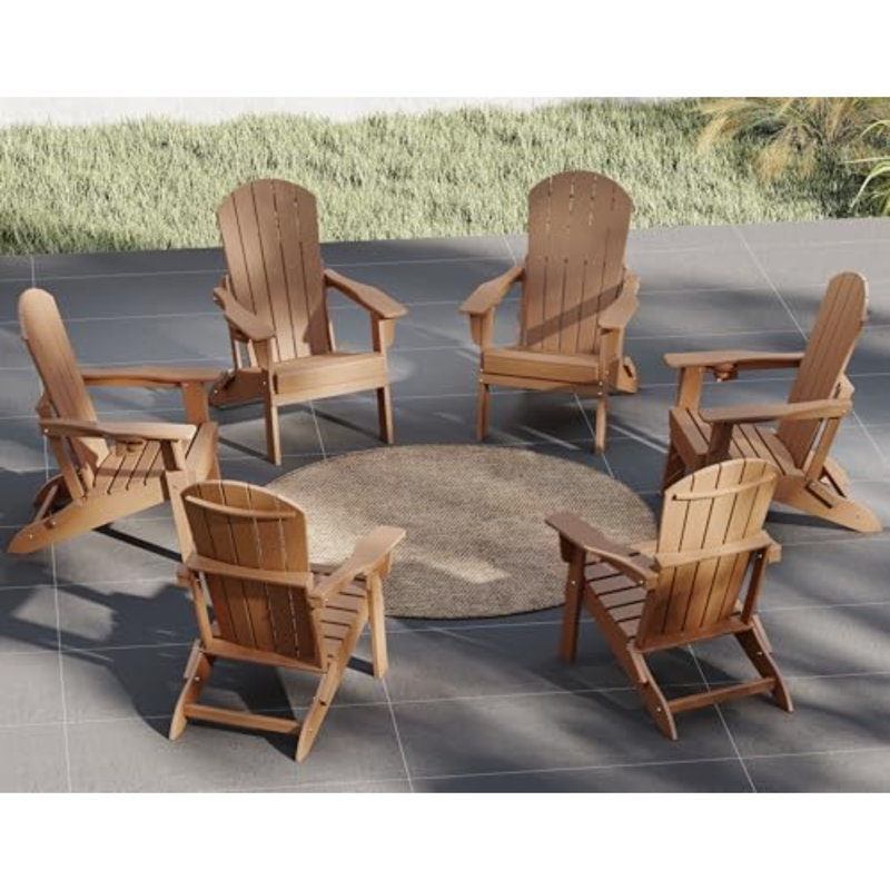 Folding Adirondack Chair, SGS Tested, Wooden Textured with Cup Holder, Heavy All-Weather HDPE Comfortable Set Poolside Backyard Lawn