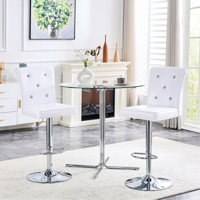 Ensemble de table de bar et tabourets Modern, table de pub ronde avec plateau en verre avec base en chrome argenté et 2 tabourets de bar en cuir de polyuréthane gaufré crocodile avec hauteur réglable et pivotant, ensemble bistro Home Bar