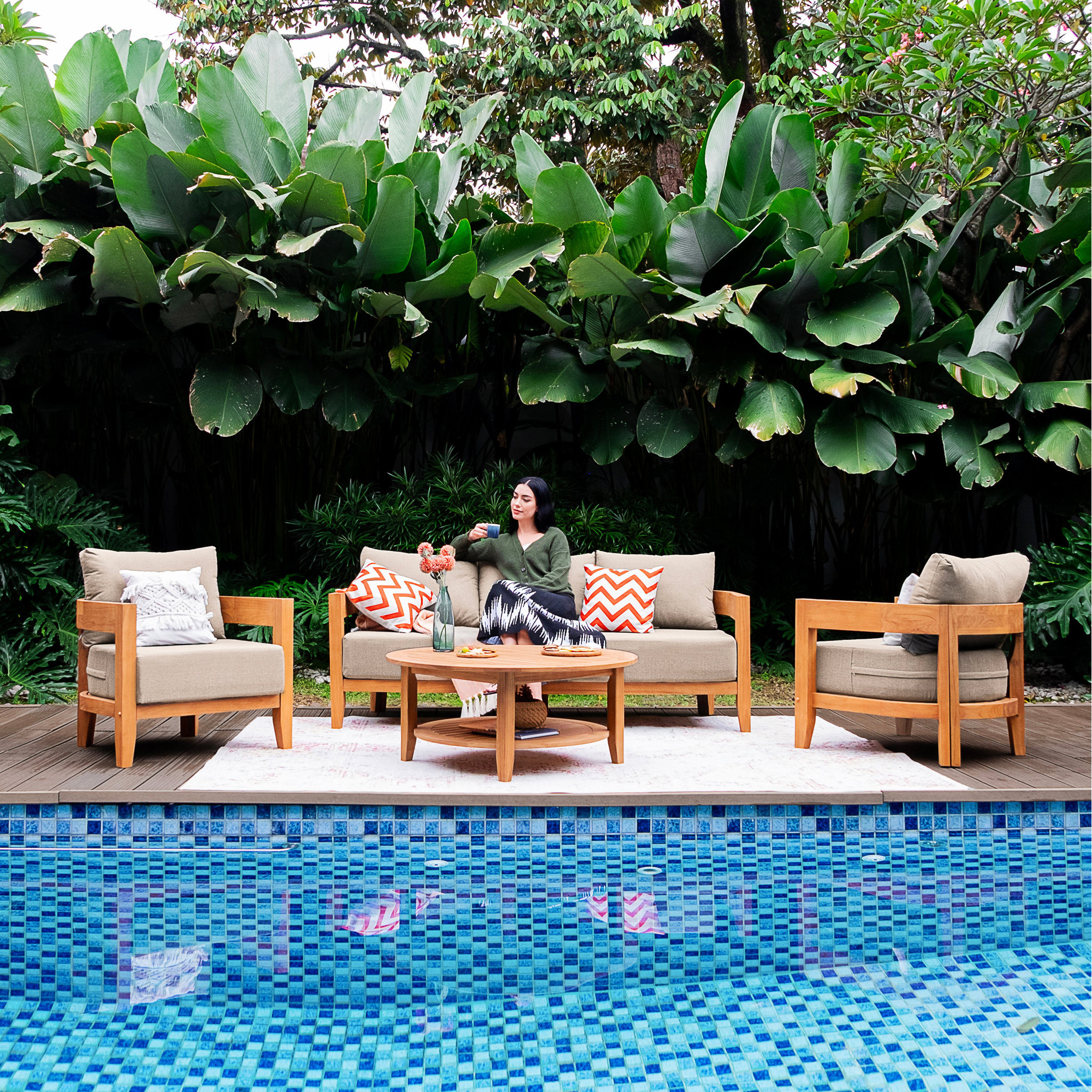 Keaton Teak Outdoor Patio Sofa With Cushions, Beige