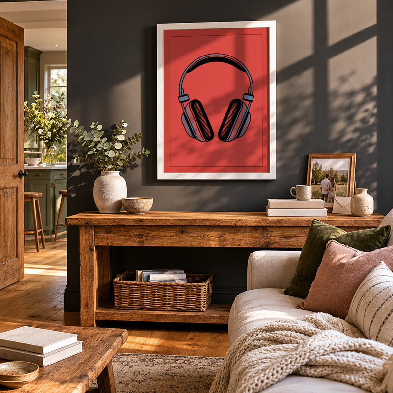 Headphones Modern - Framed Print, A4 - 29.7 x 21.0 cm, White
