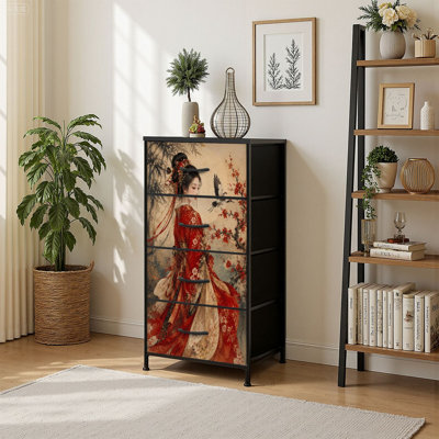 Commode à 4 tiroirs à rangement vertical élégante Hanfu rouge avec grue en bois