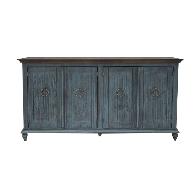 Buffet console 73 pouces Cip, pin, 4 portes, poignées anneaux, bleu foncé