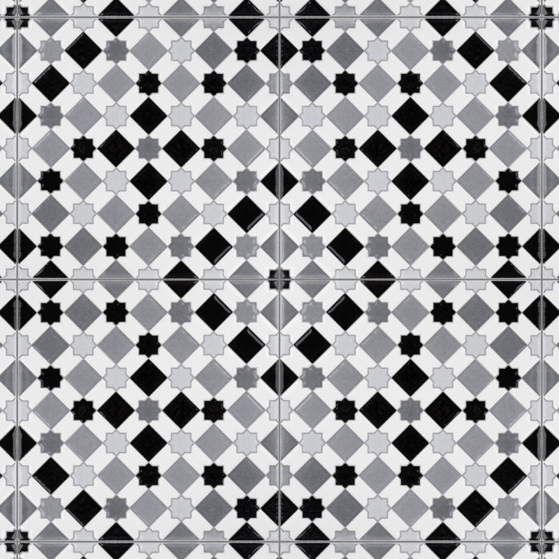 Sevillano Giralda 8" x 8" Ceramic Patterned Wall Tile, Light Gray/White