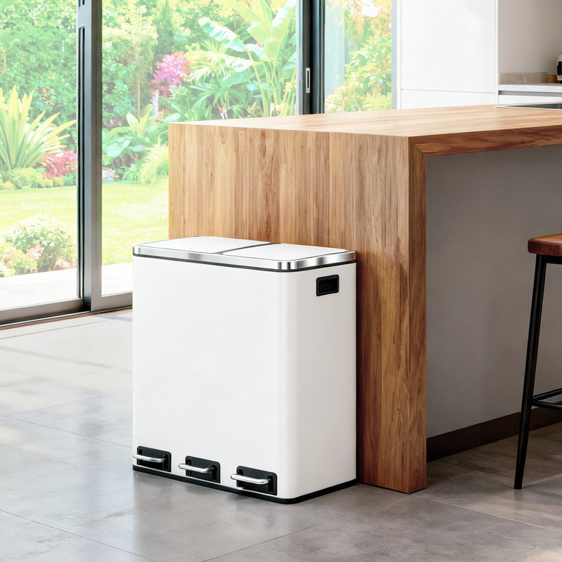 Garbage Can, 8 Gallon Garbage Bin With Soft-Close Lids, 2 X 4 Gallon (2 X 15L) Trash Can, Pedals, And Inner Buckets For Kitchen, Stainless Steel