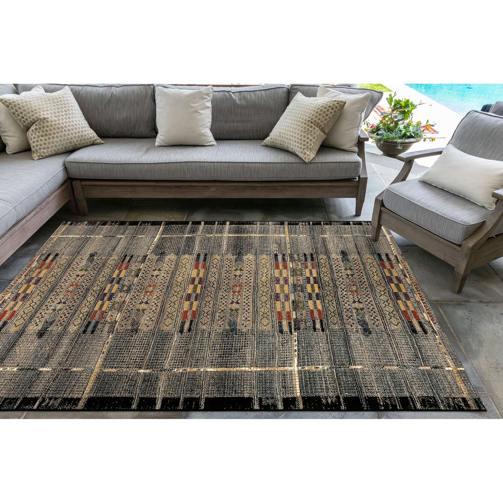 Sesena Black/Gold/Orange/Green/Blue/Ivory/Grey Indoor/Outdoor Rug, Rectangle 4'10" x 7'6"