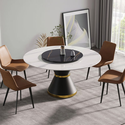 Table de salle à manger 59,05 po moderne en pierre artificielle ronde en acier au carbone noir pouvant accueillir 6 personnes - 31,5 po