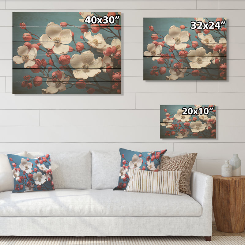 Blanc et rose cornouiller I - art mural en bois de cornouiller sur bois de pin naturel, H 10 po x l 20 po