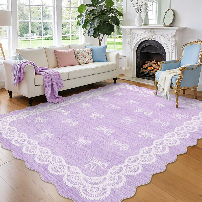 Scalloped Edge Bow Print Area Rug, Washable Non-Slip Low Pile Carpet for Living Room Bedroom, Cute Lace Border Soft Floor Mat for Home Decor
