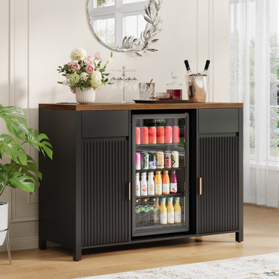 Bar 53 pouces avec espace de réfrigérateur, station de charge, noir avec plateau brun foncé