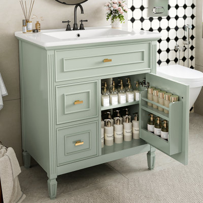 Meuble-lavabo de salle de bain avec lavabo, avec tiroir rabattable, tablette réglable, bois massif et panneau de fibres à densité moyenne, idéal pour la décoration de salle de bain moderne