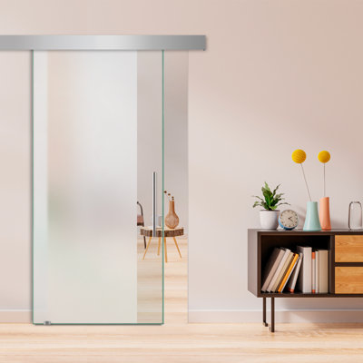 Porte de grange coulissante en verre sans cadre avec design moderne sablé et quincaillerie (semi-privée)