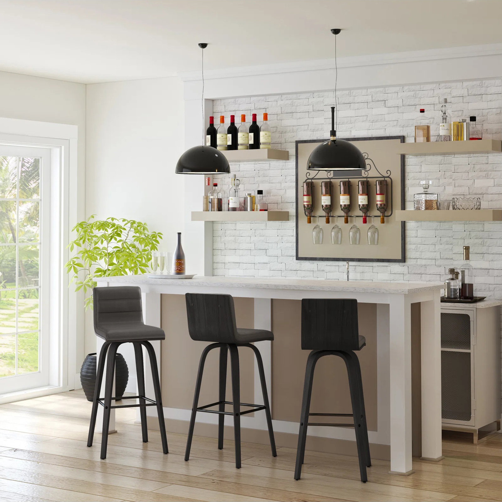 Biance Swivel Bar and Counter Stool, Gray Faux Leather, Bar Stool (30" Seat Height), Black