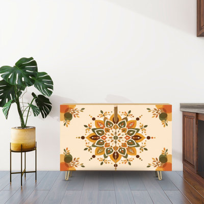 Sideboard Buffet Cabinet with Storage Retro Geometric Floral Radial Warm Orange Brown Green Tones with 2 Doors for Living Room and Kitchen