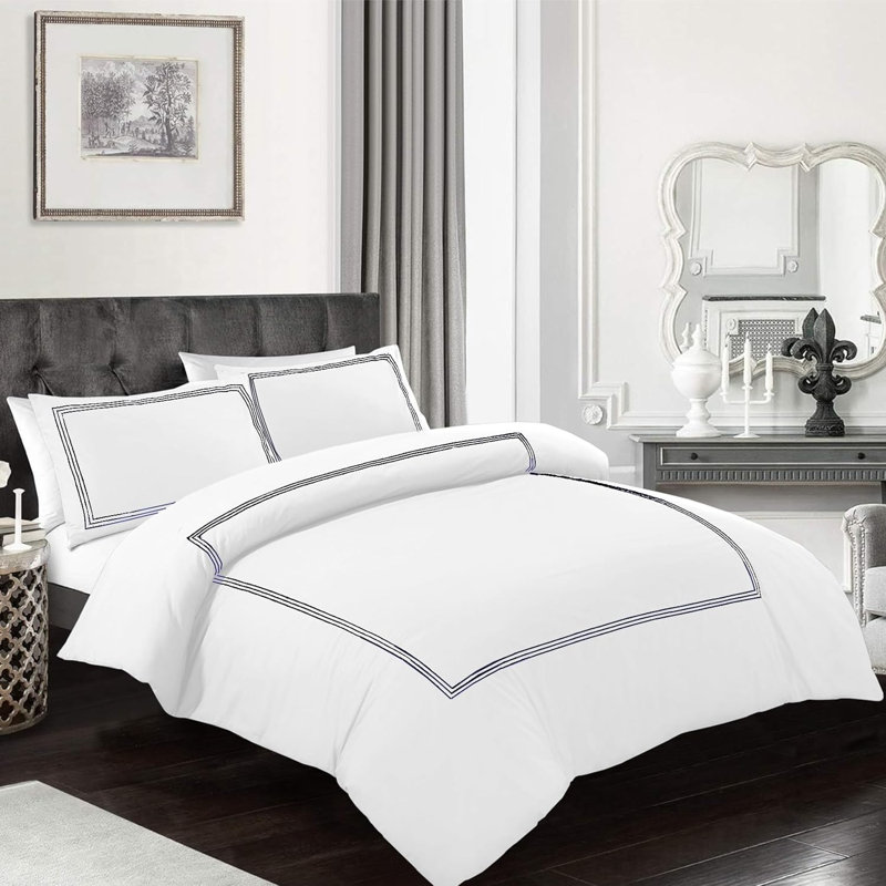 Cotton Blend Duvet Cover Set with Pillowcases, White/Grey, Double Duvet Cover + 2 Pillowcases