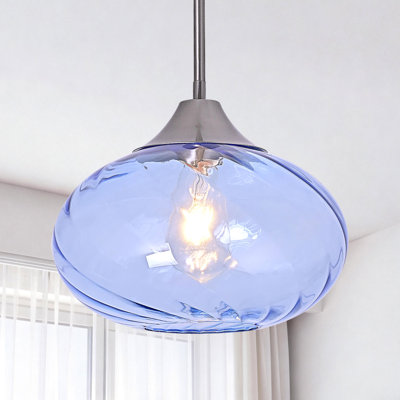 11''Blue Glass Pendant Light Kitchen Island Brushed Nickel Light Fixtures,Modern Striped Glass Pendant Light, Hanging Ceiling Light for Farmhouse Dining Room Bedroom Hallway(1 Pack)