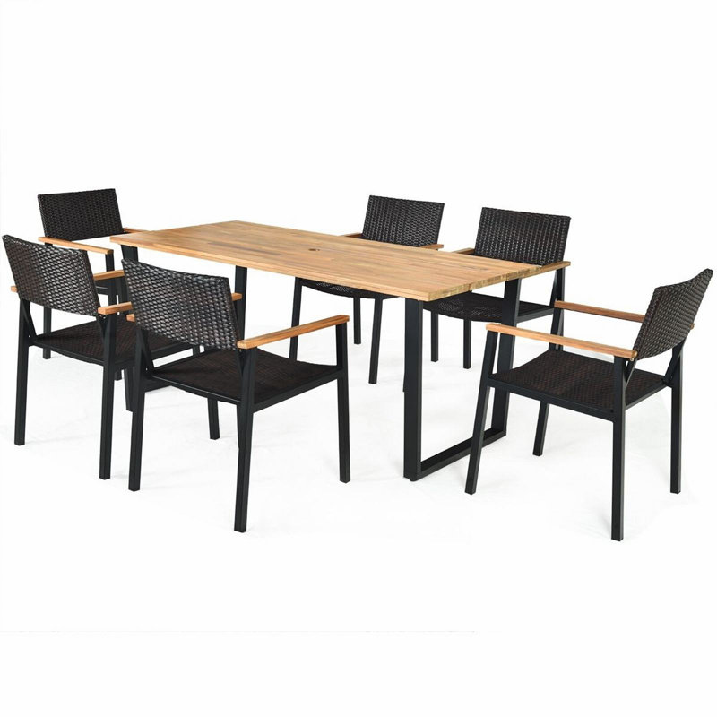 Acacia Wood and Black Metal 6-Person Outdoor Dining Set with Rattan Chairs