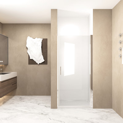 Porte de douche pivotante 32 pouces par 72 avec cadre en aluminium nickel brossé, verre trempé transparent de 6 mm, film anti-cassure, bord de blocage de l'eau, poignée fonctionnelle en acier inoxydable, balançoire peu encombrante