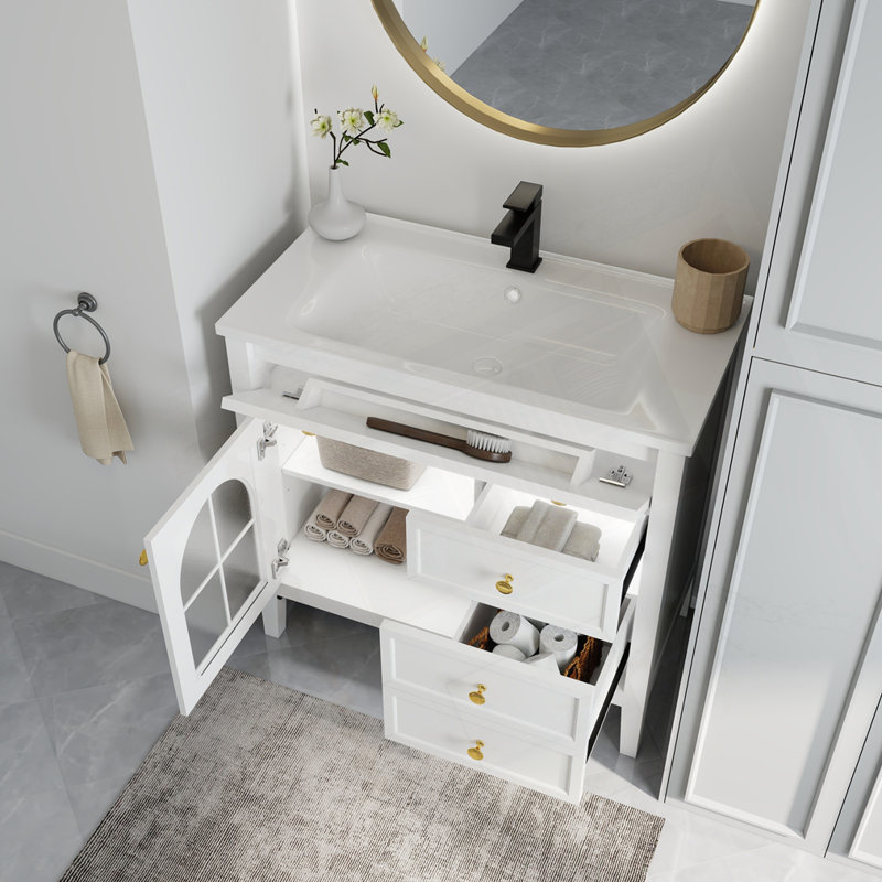 35.6" Mid-Century Bathroom Vanity Sink, White