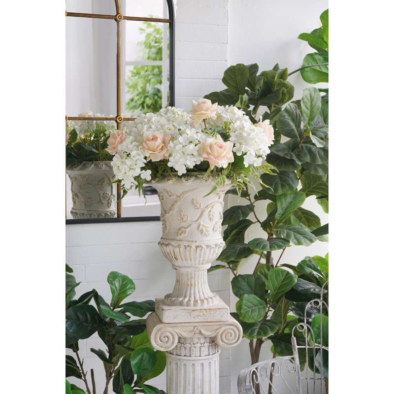 14X14x20.5" Ornate Magnesium Urn Planter With Distressed White Finish And Carved Details
