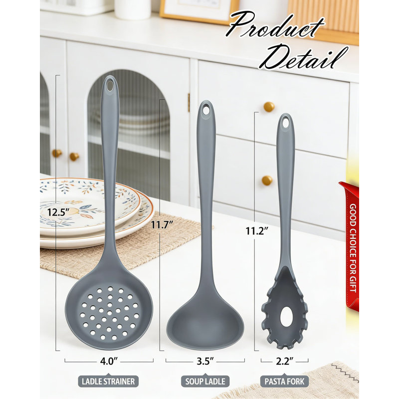Ensemble d'ustensiles de cuisine en silicone 3 pièces - sans BPA, louche à soupe résistante à la chaleur, cuillère rainurée et fourchette à pâtes pour batterie de cuisine antiadhésive, cuisson, service et mélange