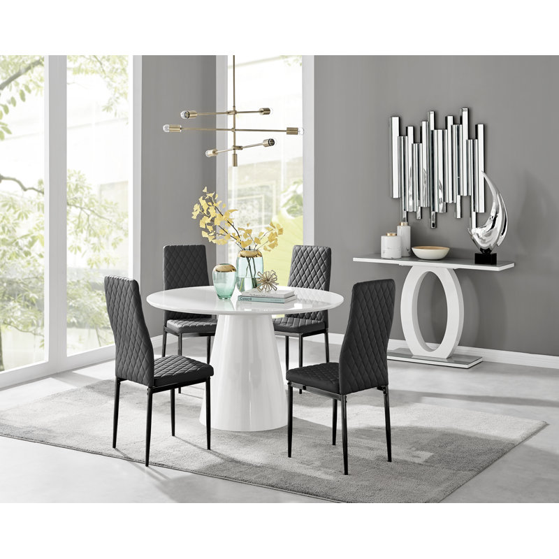 Edward Statement Pedestal Dining Table Set with 4 Luxury Faux Leather Upholstered Dining Chairs, White, Black/Black