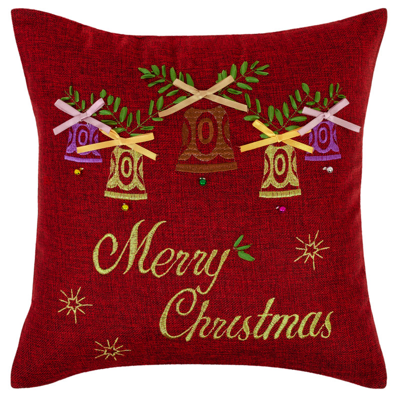 Red Embroidered Christmas Bells Polyester Cushion Cover 18" x 18"