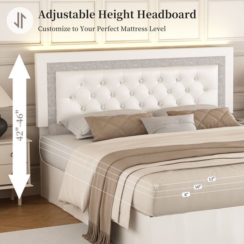 Bed Frame with Adjustable Headboard and Diamond Button Upholstered Tufted Beds, Full, White