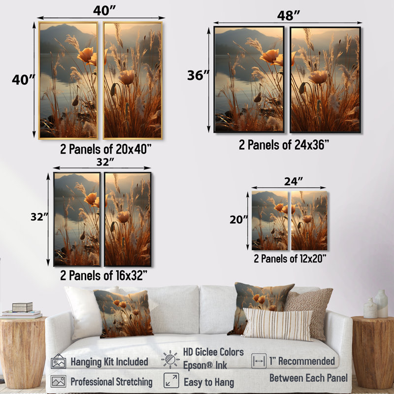 «Sunset Wildflower Serenade», art mural sur toile traditionnel, H 36 po x l 48 po, Impression encadrée flottante