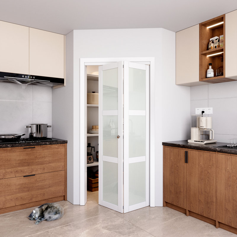 36 in. x 80 in. White Primed MDF Bi-Fold Door with Frosted Glass Panels