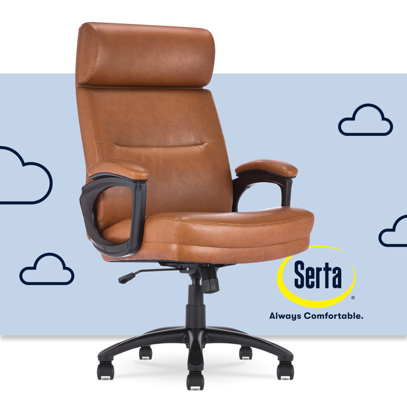 Serta Comfort Executive Big & Tall Office Chair, Ergonomic High-Back, Semi Plush Seat, Padded Arms, Cognac