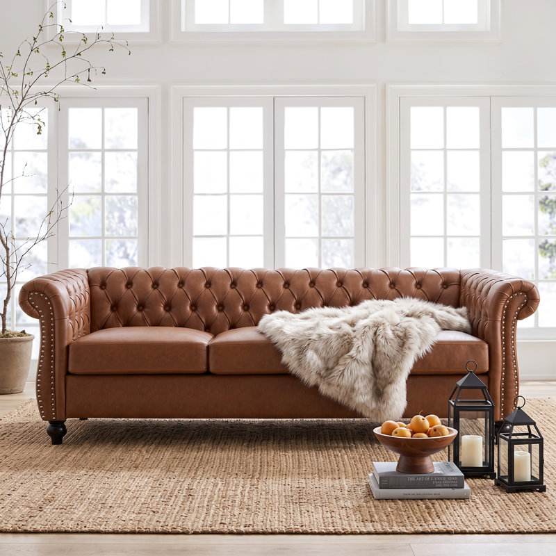 Canapé Chesterfield 3 places Camberley, Cuir polyuréthane brun