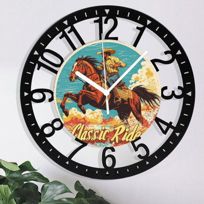Metal Wall Clock for Living Room -10" Classic Ride Cowboy Riding Horse Silent Non Ticking,Battery Operated, Antique Clocks for Farmhouse,Bedroom,Kitchen - Arabic Numerals